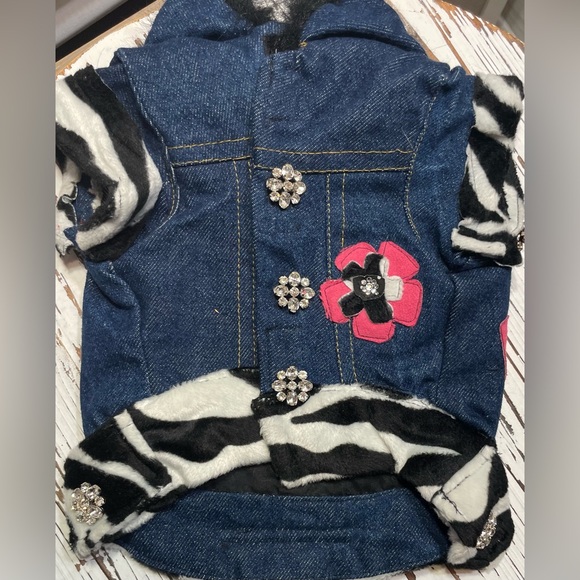 Stylish Pet Denim Jacket with Black and Pink Accents with Fur Collar  Medium